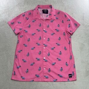 Hollister Pink Dinosaur Surfing T-Rex Epic Flex Short Sleeve Button Down Shirt L